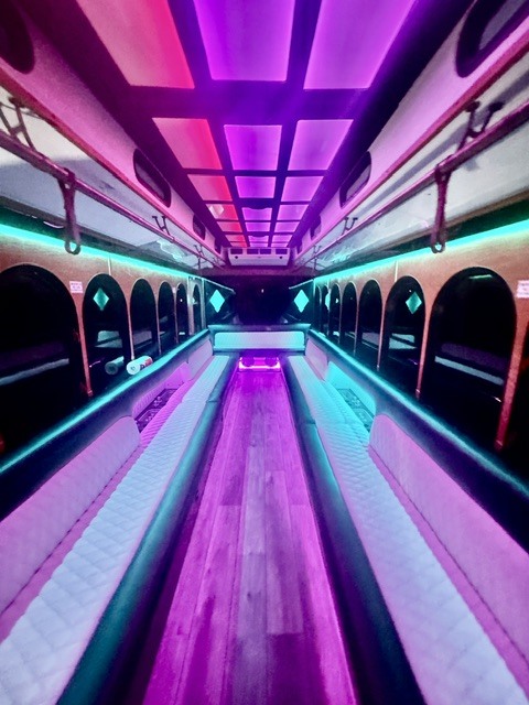 Luxury party bus interior with LED lighting — Wheeling Party Bus Rental IL